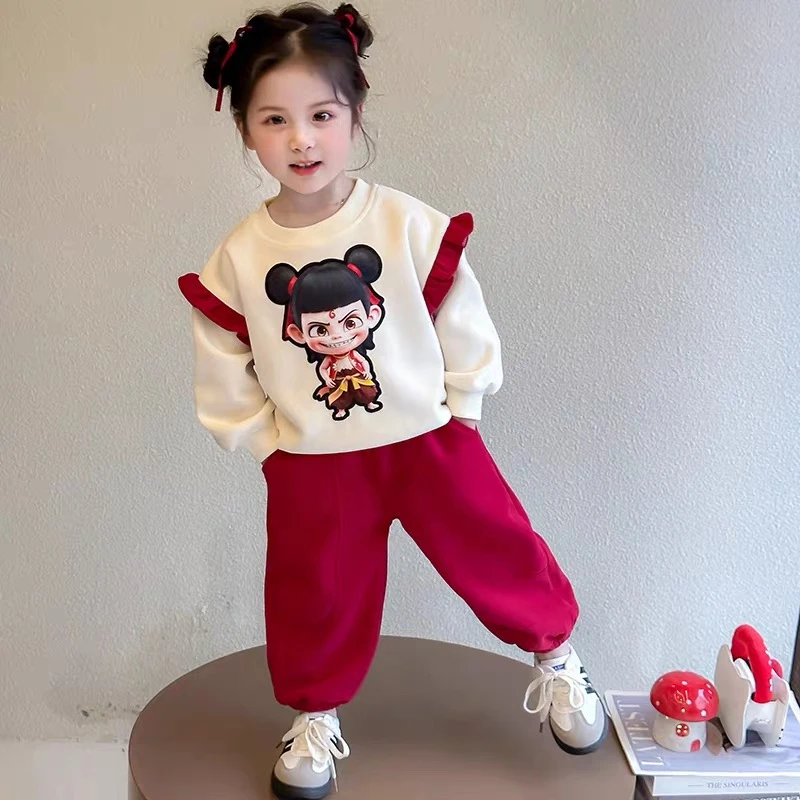 女童套装2025春秋新款女宝宝哪吒花边卫衣卫裤儿童休闲春款两件套