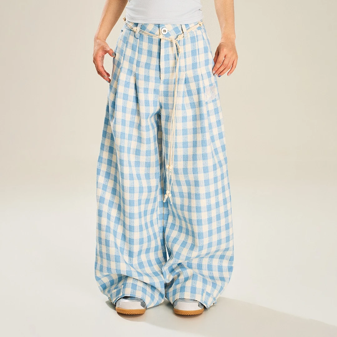 NSTNEW START发芽计划蓝白格子直筒裤女宽松显瘦直筒拖地休闲裤