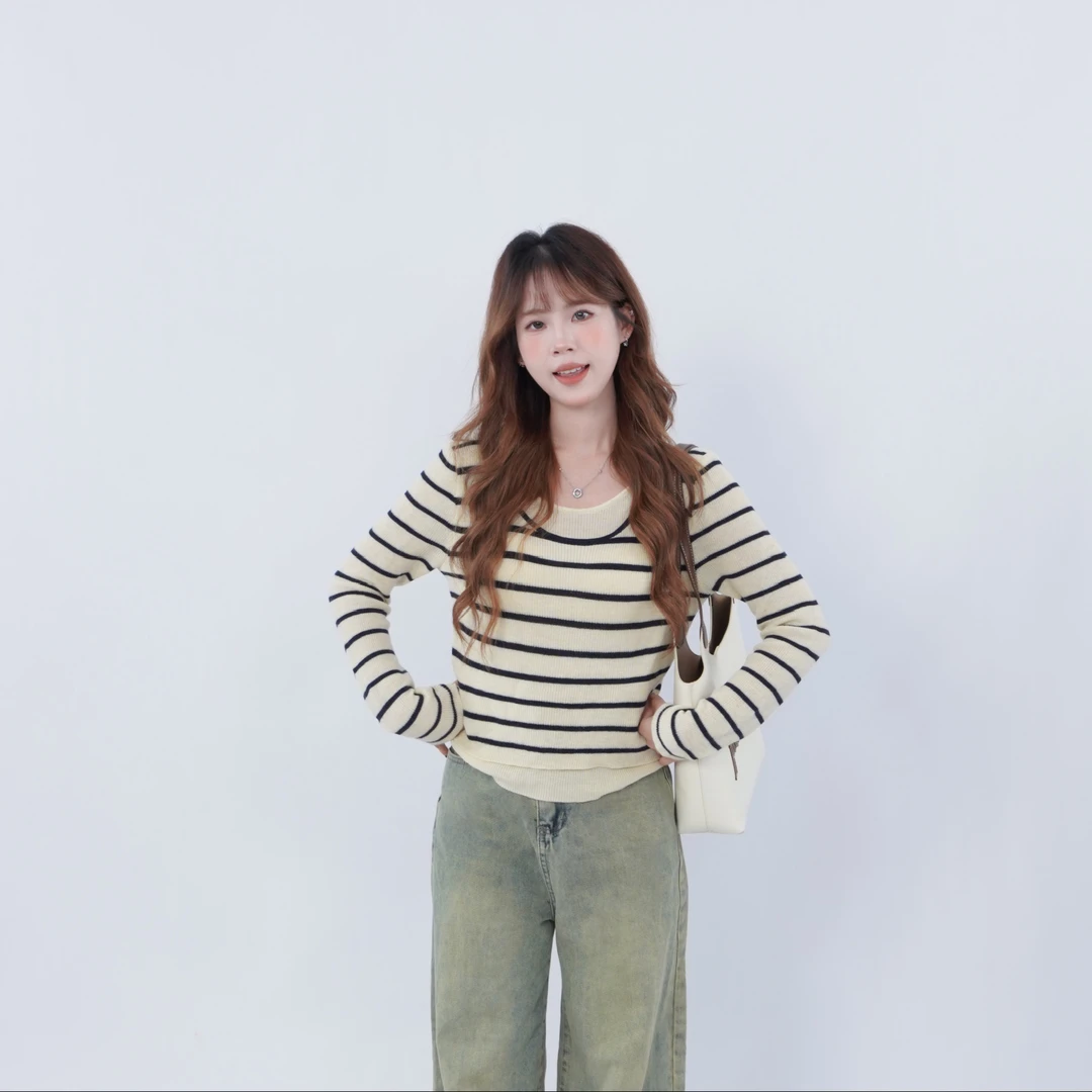 三幅 秋季厚款针织休闲条纹通勤长袖时尚假两件圆领t恤女款509813