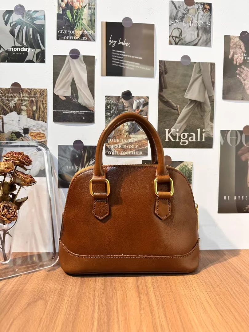 新款复古进口植鞣头层牛皮贝壳包单肩手提斜挎包女士时尚休闲款