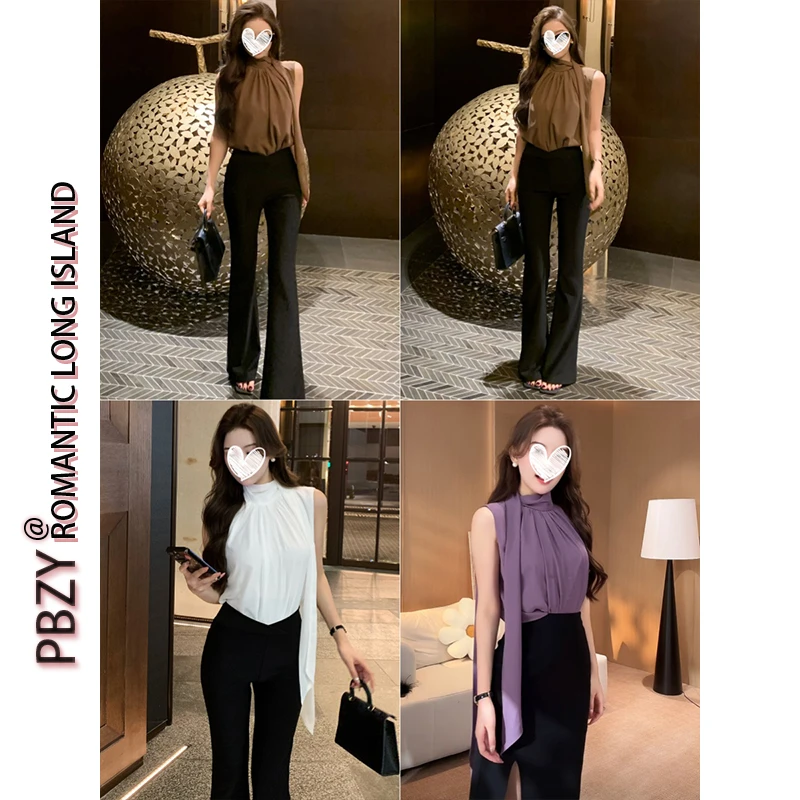 夏季新款温柔无袖飘带气质修身雪纺衬衫上衣女2025新款   6651#