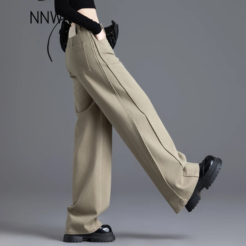 高级感时尚阔腿长裤卡其色秋季裤子牛仔裤女2025新款宽松休闲直筒