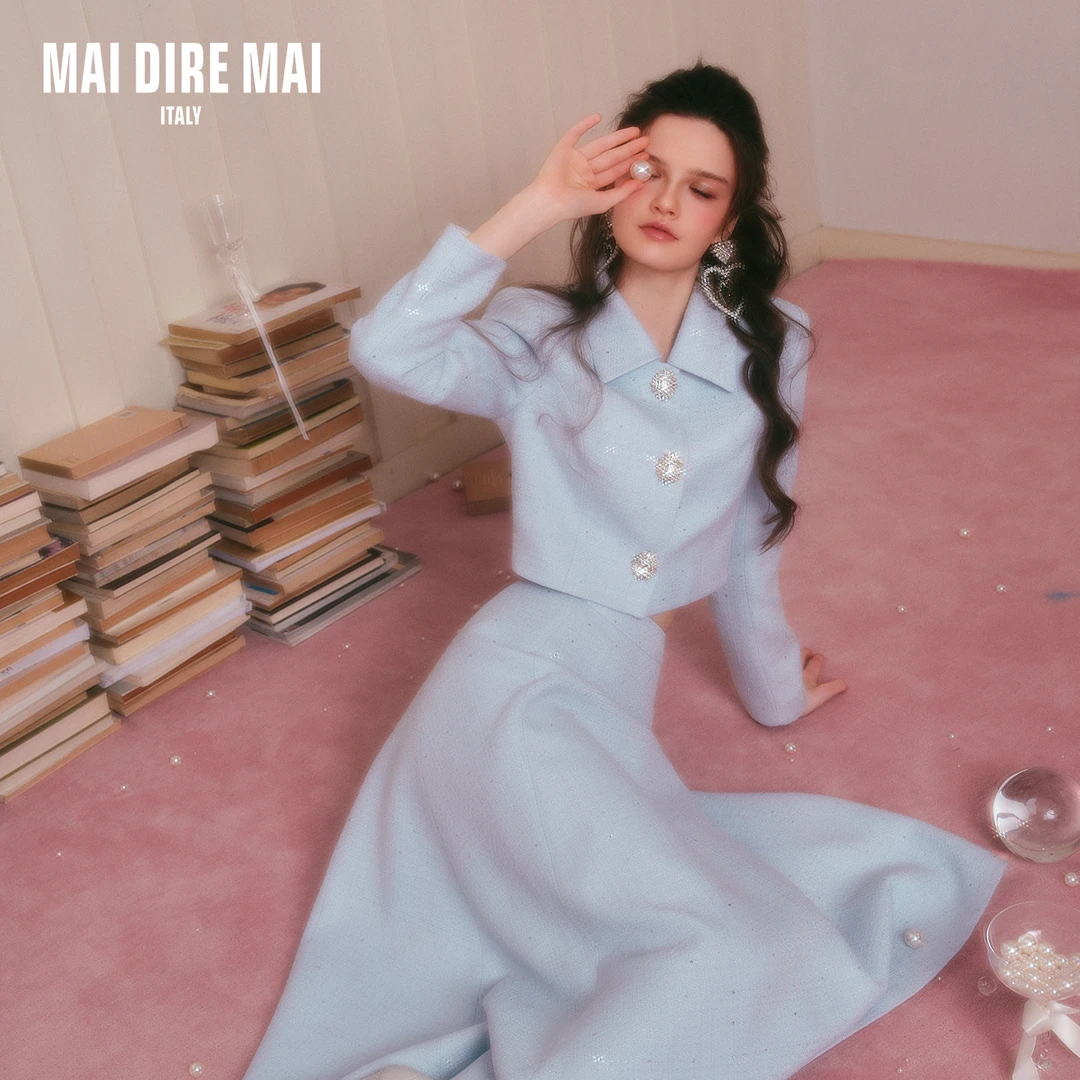 MAI DIRE MAI翻领钻扣亮片长袖外套高腰大摆半身裙套装女秋冬气质