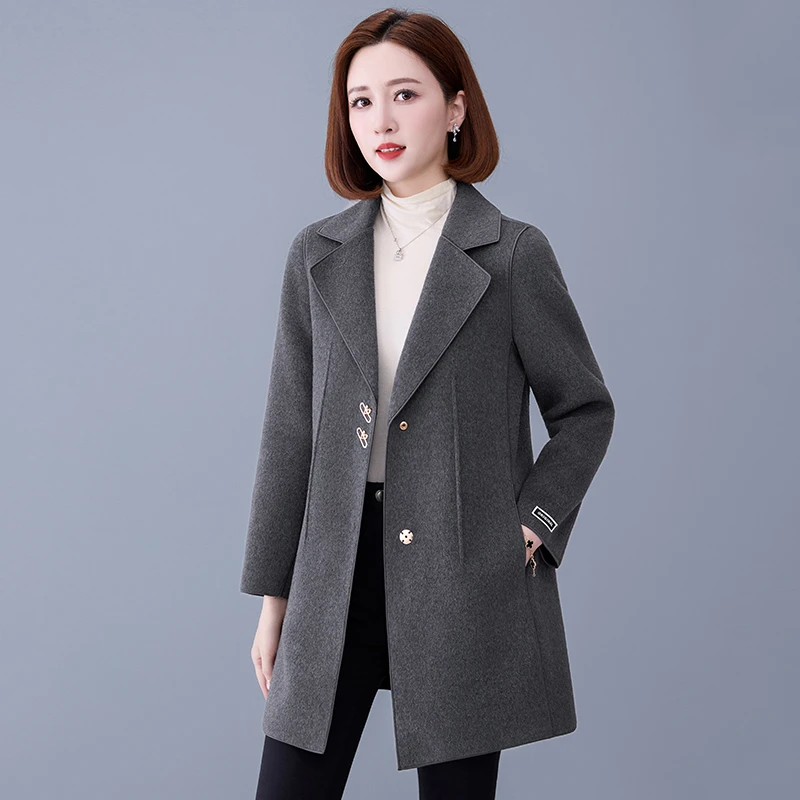 毛呢外套女中长款2025春秋新款妈妈高端洋气双面羊毛呢子西装大衣