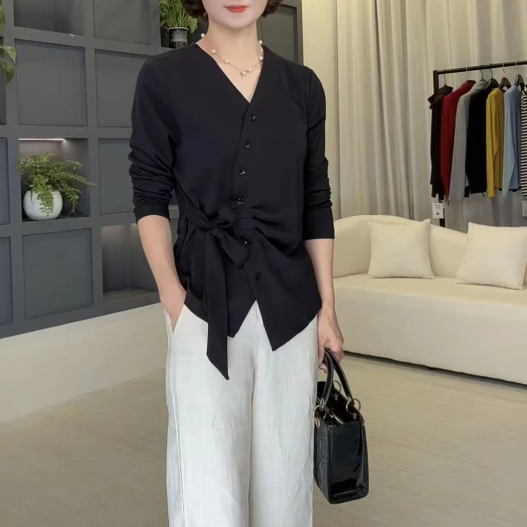 YT2025年秋季女士长袖打底绑带法式小衫修身百搭时尚设计