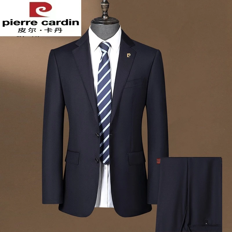 皮尔卡丹精纺纯羊毛西服套装男高端正装商务中年男士爸爸装婚礼服
