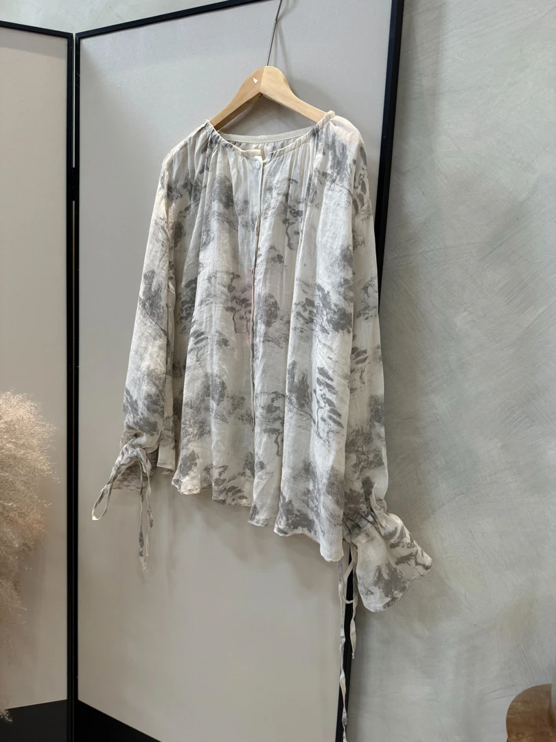 水墨印花苎麻衬衫～新中式圆领宽松国风喇叭长袖上衣