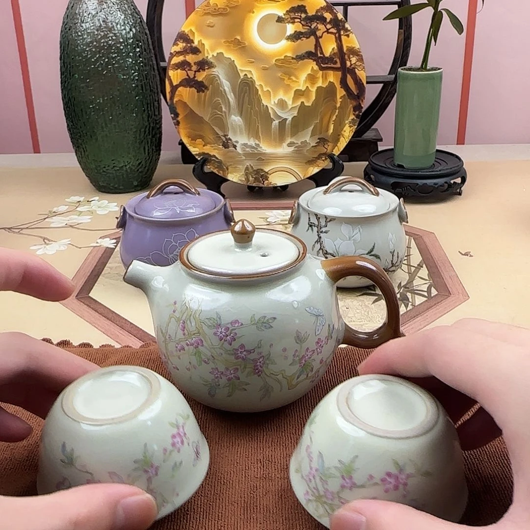 汝窑开片紫藤花大容量一壶两杯