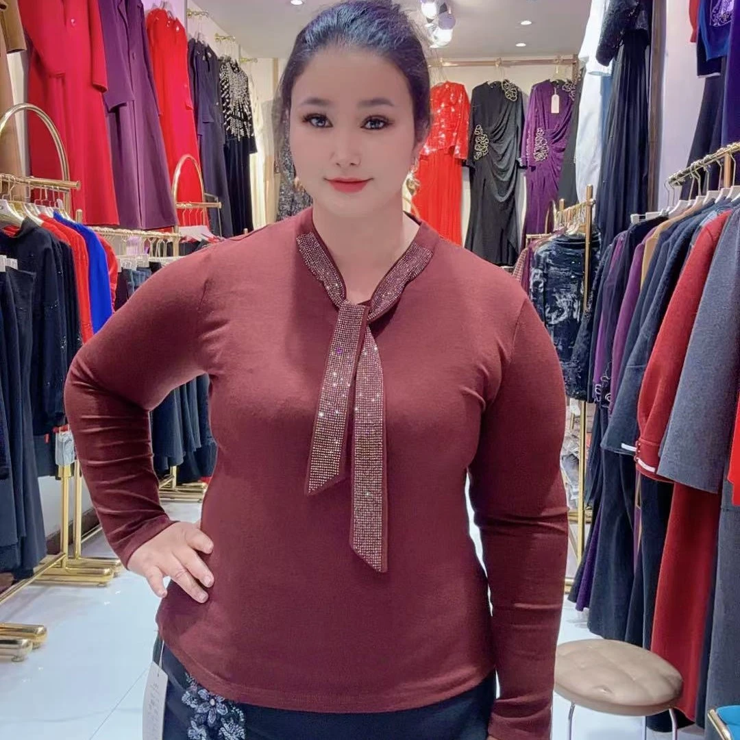 秋季装V领烫钻长袖T恤时尚系带宽松打底衫女洋气百搭上衣