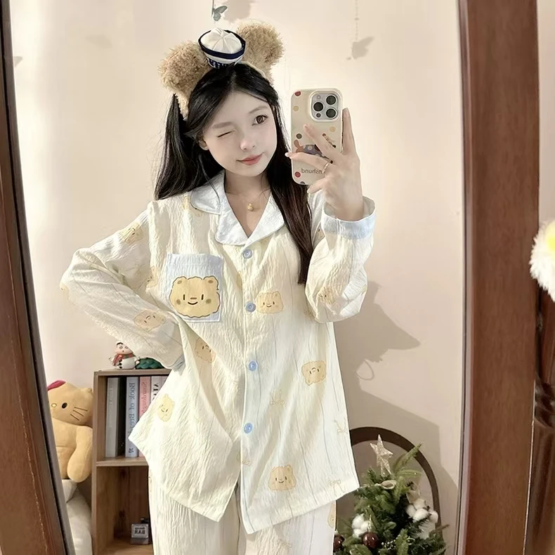 丝丝睡衣春夏季新款男女长袖棉休闲家居服套装秋天