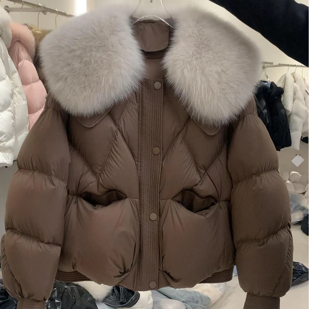 咖色短款毛领棉服女冬季2025新款时尚洋气高级感棉衣加厚保暖外套