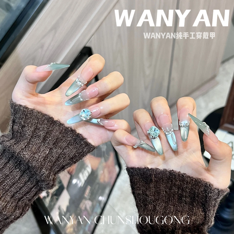 “青提”CHUN·春日新款清新玻璃珠猫眼多巴胺高级感K9钻手工穿戴甲