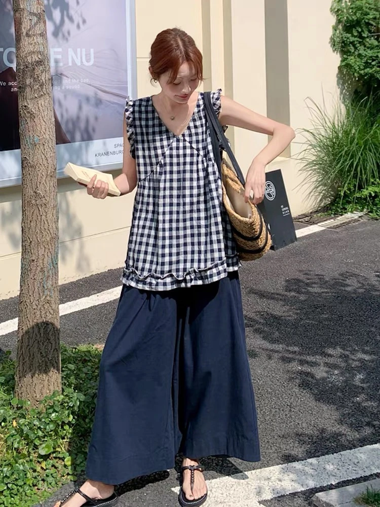 【全额运补】夏季新款甜美风格纹无袖背心衬衫流行复古小衫裤子套装