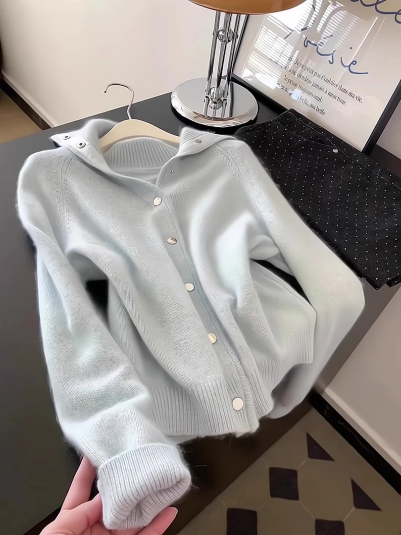 2025秋季新款韩系软糯减龄翻领单排扣浅蓝色毛衣女设计感百搭上衣