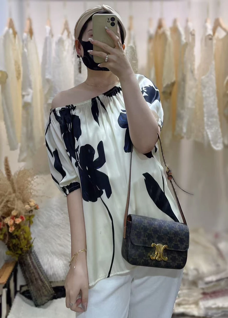 复古水墨简约休闲宽松印花圆领真丝泡泡袖女士衬衫