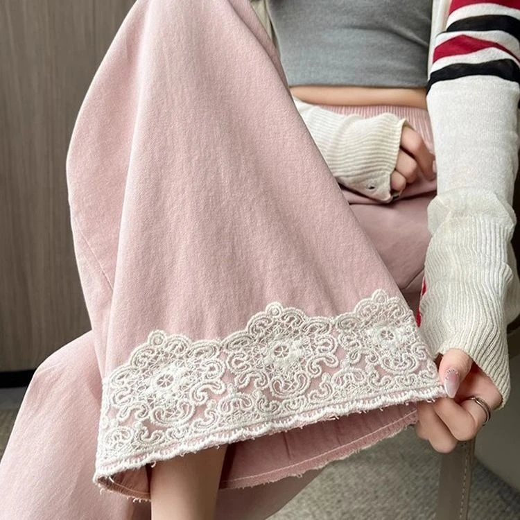 日系九分设计直筒裤春夏高腰显瘦少女纯色小众蕾丝花边阔腿休闲裤
