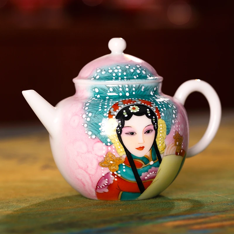 景德镇陶瓷茶壶过滤 手绘粉彩戏曲人泡茶器手抓小单壶红茶壶