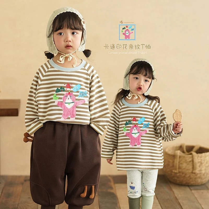 砚台家童装女童卡通印花条纹T恤秋冬新款女宝宝韩版圆领长袖上衣