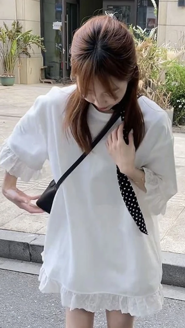 中长款极简风休闲风刺绣圆领T恤夏季失序混搭风
