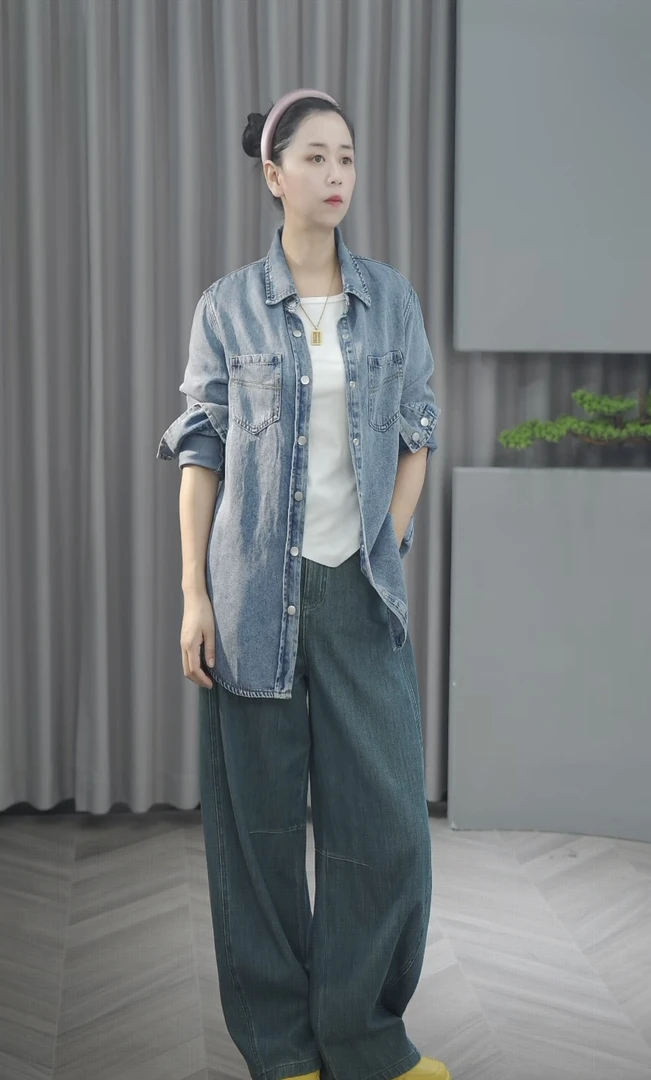 【衣长72-74】秋季天丝牛仔衬衫简约百搭宽松25607