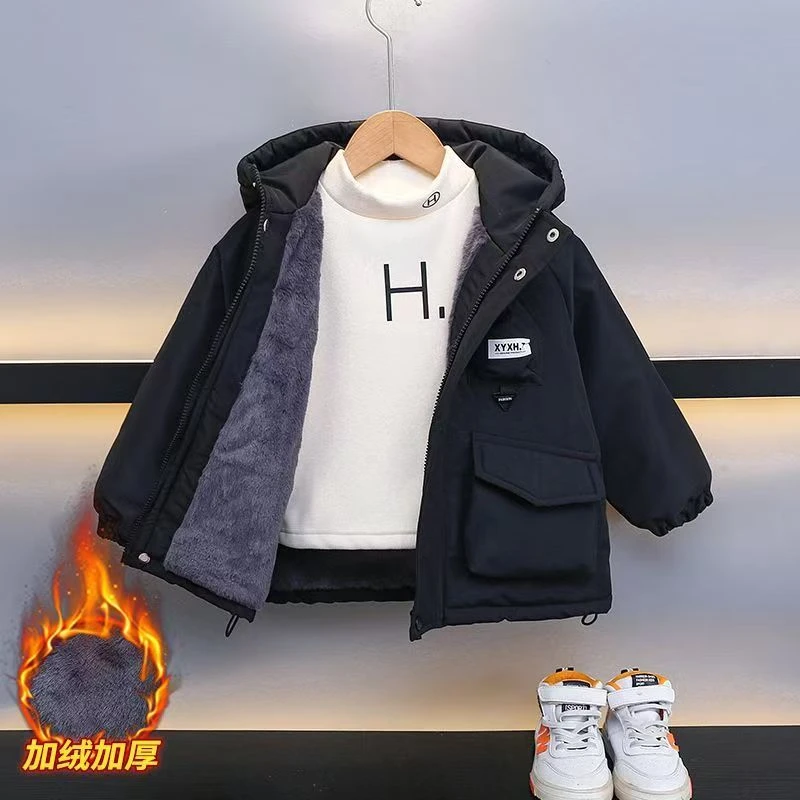 男童冬季夹棉冲锋衣棉服2024新款棉衣儿童加绒冬装加厚外套克服