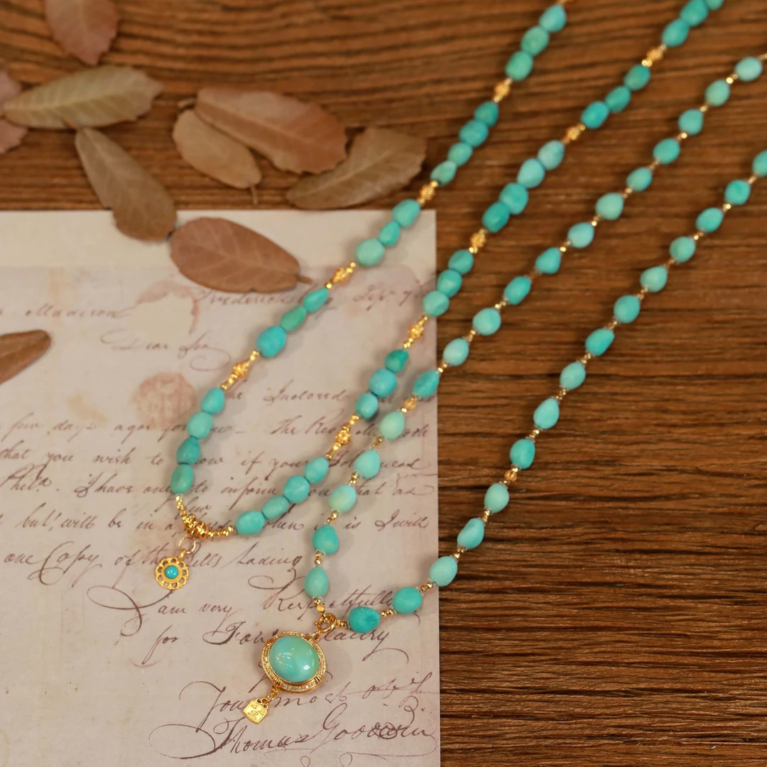 霖泽|绿松石糖豆锁骨链项链配饰18k金复古国风气质LZ2024123103