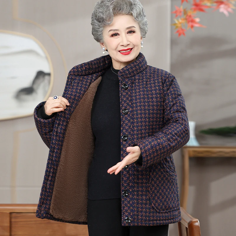 中老年女装冬装保暖棉衣大码妈妈装加绒加厚千鸟格立领棉袄奶奶装
