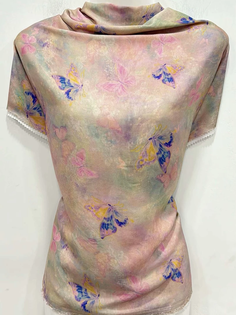 高支丝光棉贡缎 粉蝶涟漪红数码印花面料新工艺连衣裙柔软透气