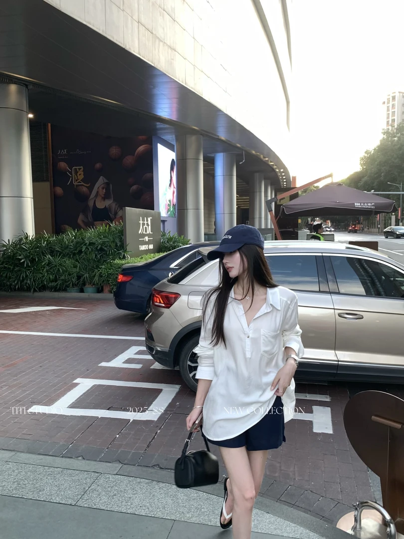 TITI - STUDIO“长期主义”夏季白色polo领宽松薄款防晒衬衫a字裤