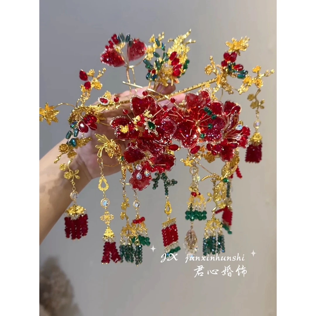君心家 S1033红绿水晶步摇额饰九件套百搭新娘中式古风结婚头饰