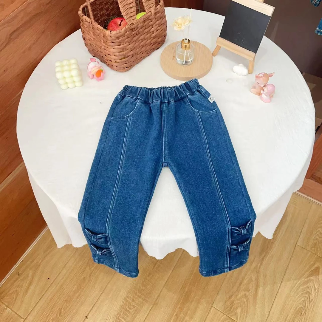 【原韩D】儿童双蝴蝶结竖线洋气百搭淑女牛仔裤83256