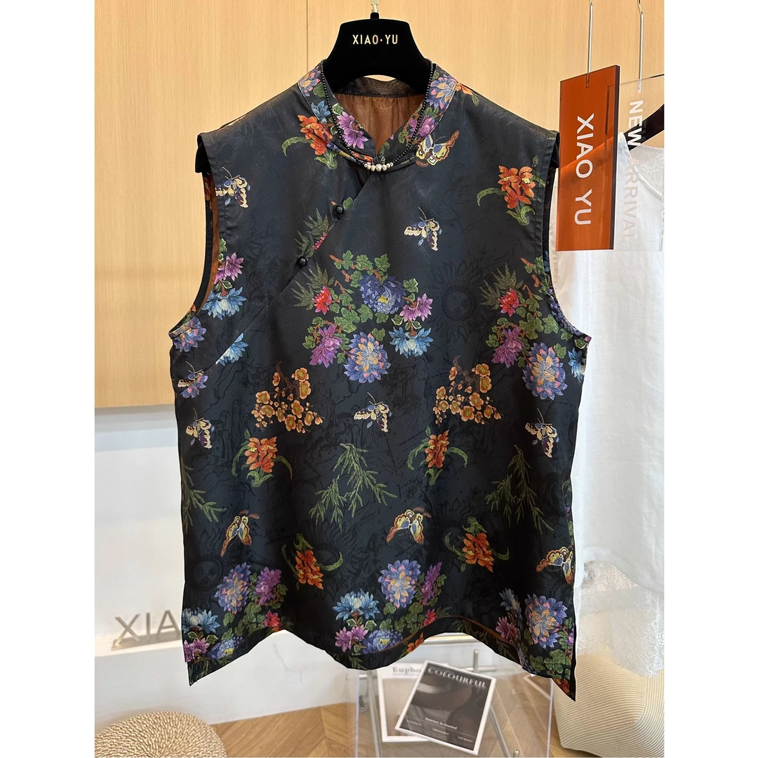 高端欧货夏季新款独特别致时尚印花新中式国风无袖马甲背心上衣女