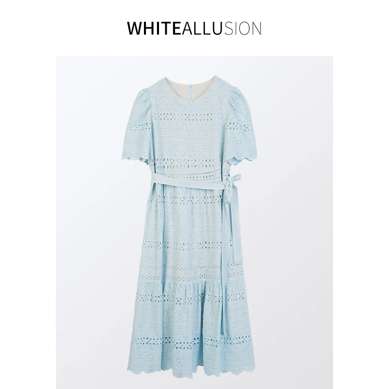 清仓【222】 复古优雅法式蕾丝镂空碎花中长款连衣裙