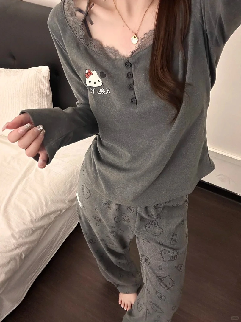 韩版纯欲风甜酷kitty睡衣女款2025春秋新款大码家居服套装可外穿