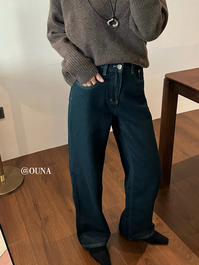 【欧尼家】OUNA深蓝加绒牛仔直筒裤