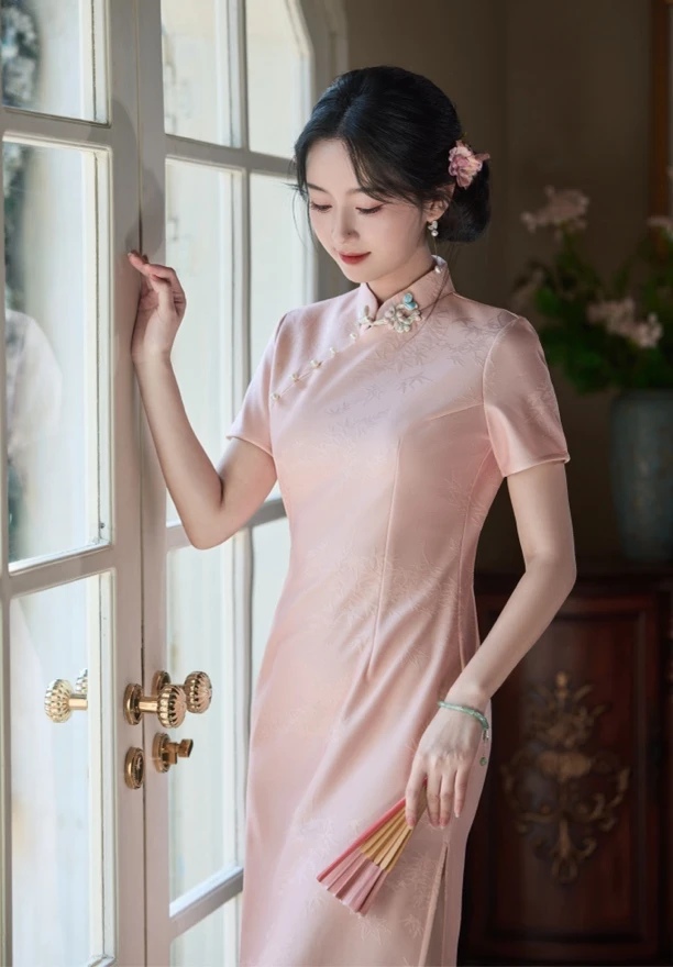 婉（粉娇）浅粉色新品年轻款新中式日常旗袍气质（微胖女生长120