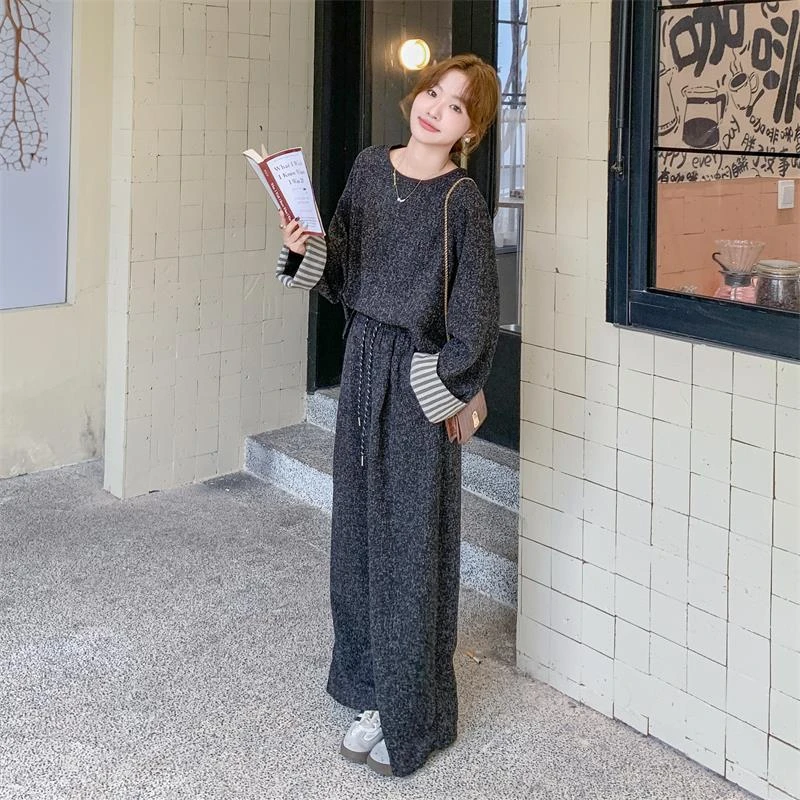 条纹拼接小香风灰色套装裤女秋季时髦洋气ootd韩系盐系设计感流行