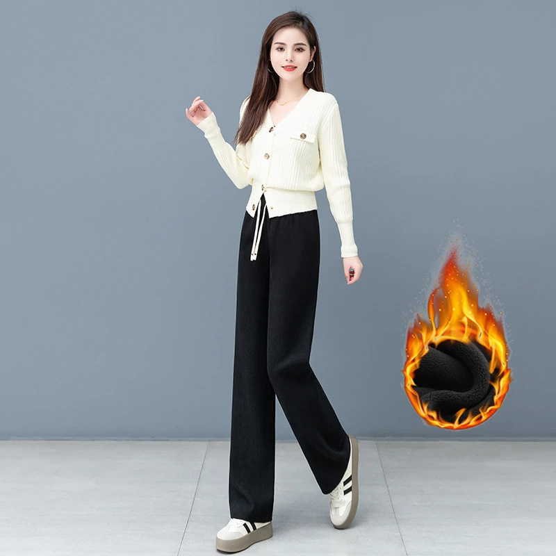 秋冬阔腿裤女外穿加绒加厚高腰显瘦直筒裤保暖宽松大码休闲裤子