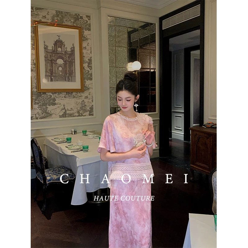 冯（CHAOMEI【紫云裳】国风新中式女装100人丝贴片珠花时尚上衣+半裙