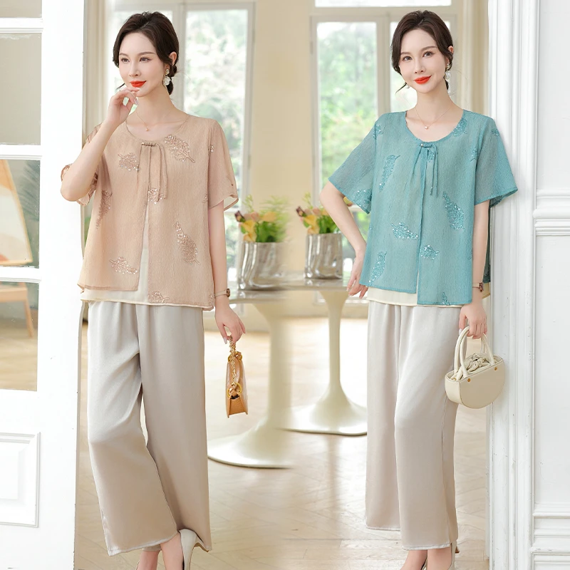 气质优雅妈妈装时尚百搭夏季中老年女装新款套装母亲节送妈妈套装