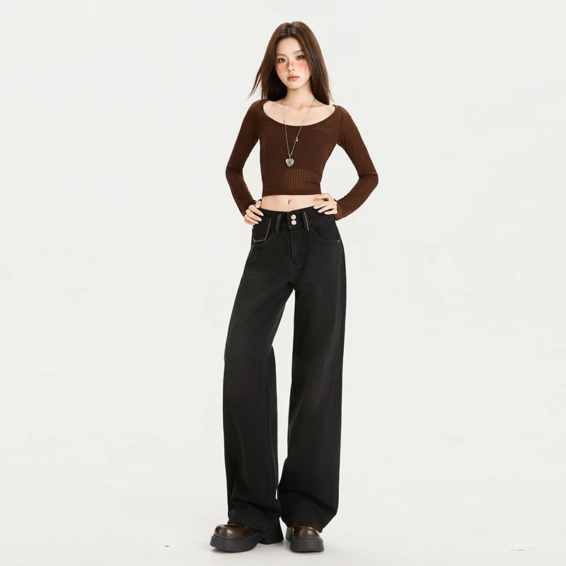 华利尔斯水洗黑牛窄版黑色修身直筒拖地牛仔裤女