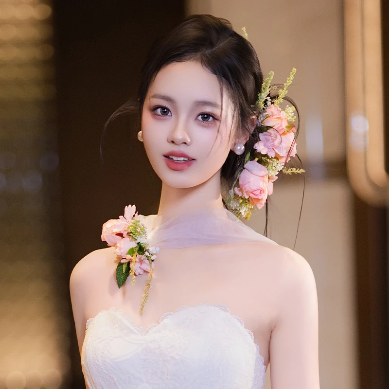 非金属布艺婚庆饰品 新娘超仙粉色仿真花朵氛围感婚纱配饰MC2676