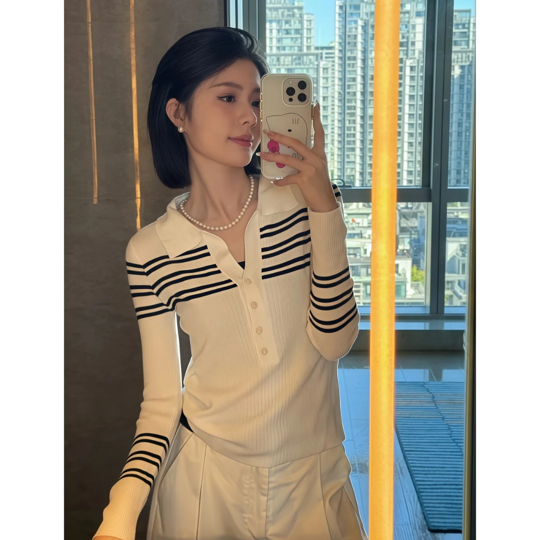 小婉薇 针织衫长袖女修身显瘦正肩polo领上衣高级感时尚百搭