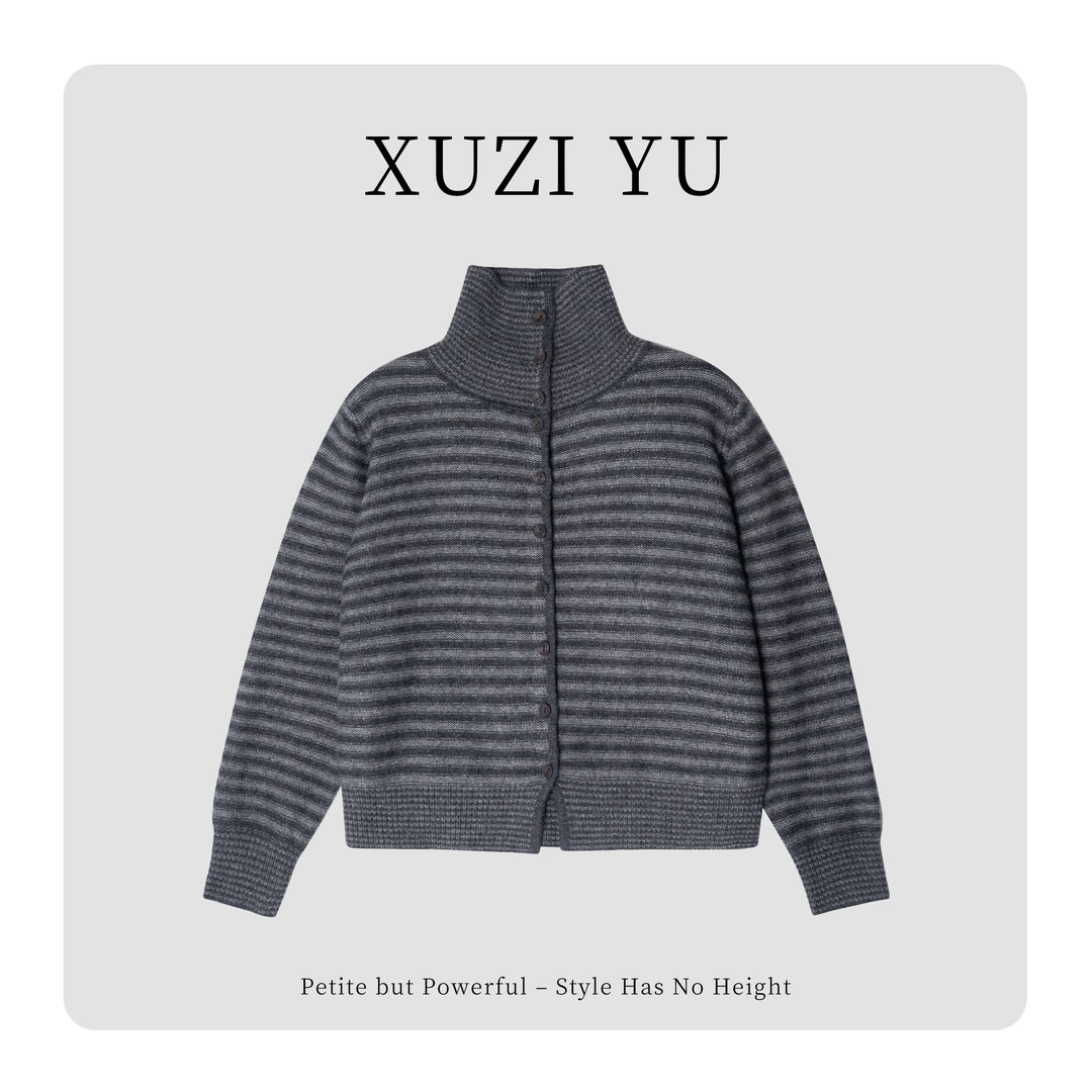 XUZI YU.小个子定制显瘦条纹立领百搭单排扣针织开衫女771-M83069