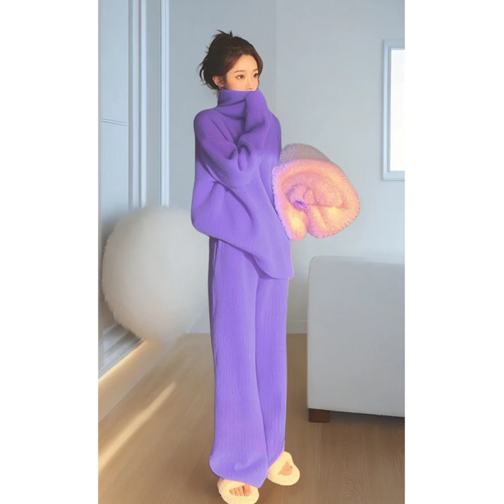 2025冬季新款女装韩系穿搭套装慵懒风气质紫色毛衣休闲裤两件套女