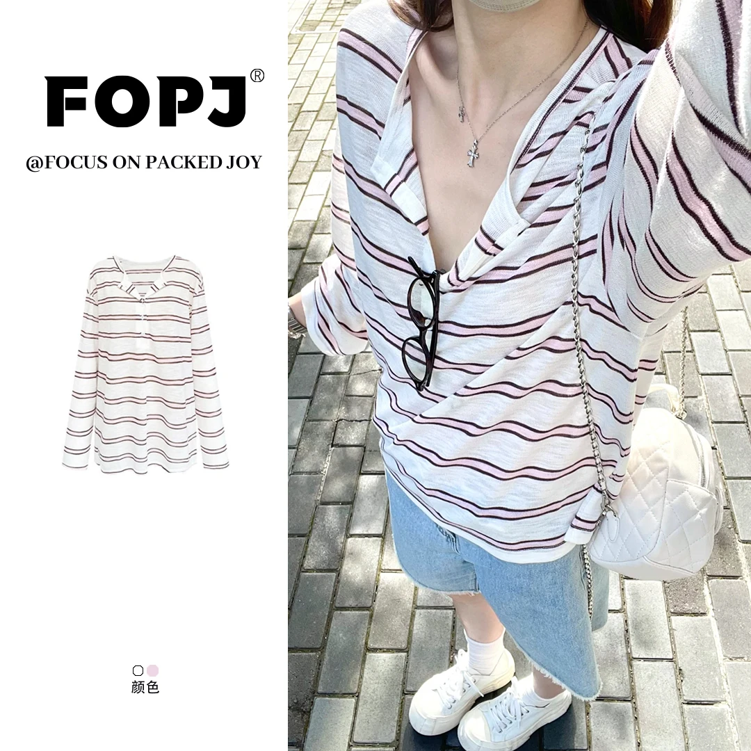 FOPJ韩系小众复古辣妹半开领条纹长袖防晒罩衫女设计感纯欲风上衣