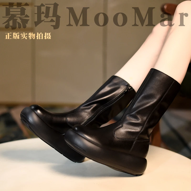 【慕玛】头层牛皮真皮简约圆头中筒靴松糕厚底百搭帅气骑士靴2067