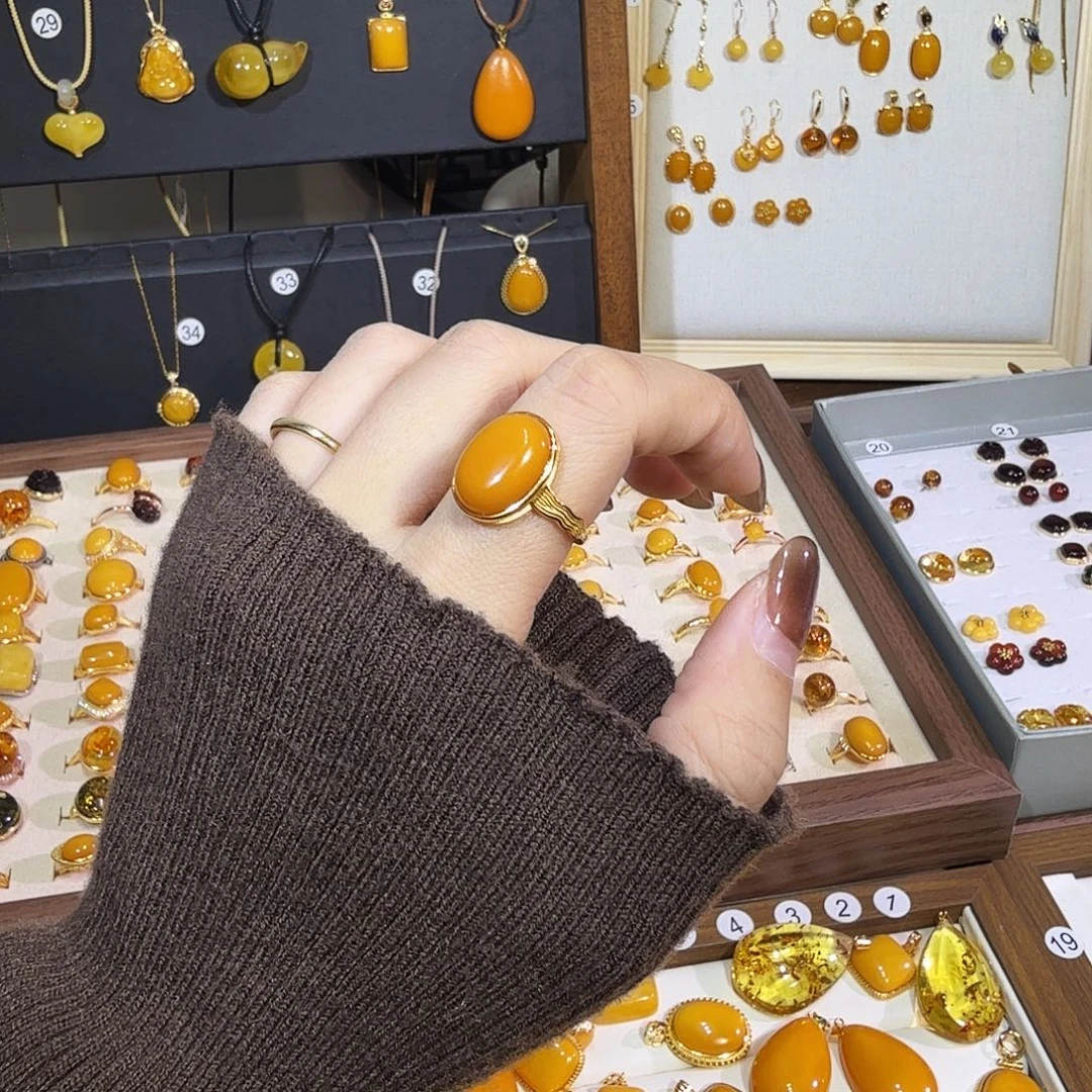 蜜蜡银S925镀金镶嵌戒指