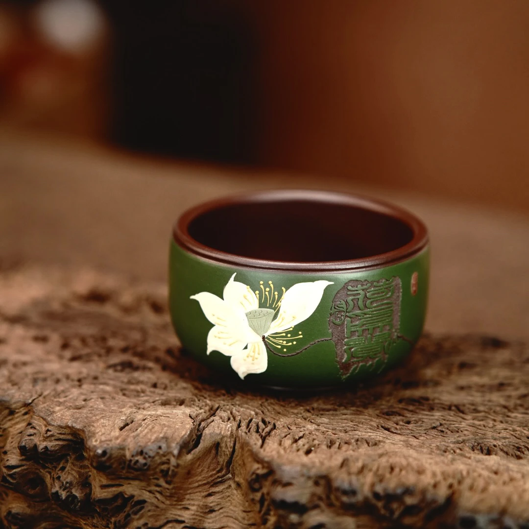 宜兴正宗原矿紫砂纯手工家用手绘主人杯荷为贵堆绘紫砂杯