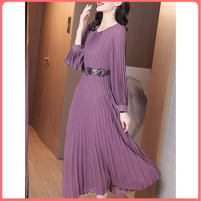 秋季2025新款女装垂坠感紫色高腰a字版百褶遮肚子减龄长裙洋装